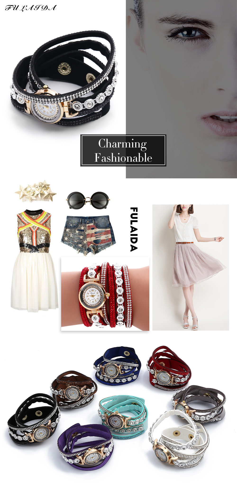 FULAIDA Female Quartz Watch Rhinestone Leather Band Fashion Bangle Wristwatch FULAIDA Female Quartz Watch Rhinestone Leather Band Fashion Bangle Wristwatch