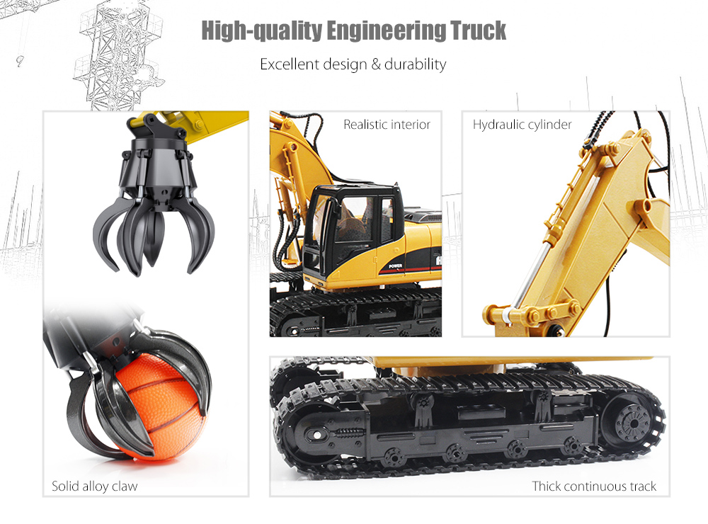 HUINA TOYS 1571 1:14 2.4GHz 16CH RC Alloy Ball Grabber Engineering Truck RTR 680-degree Rotation / Movable Stick Boom Claw / LED Light HUINA TOYS 1571 1:14 2.4GHz 16CH RC Alloy Ball Grabber Engineering Truck RTR 680-degree Rotation / Movable Stick Boom Claw / LED Light