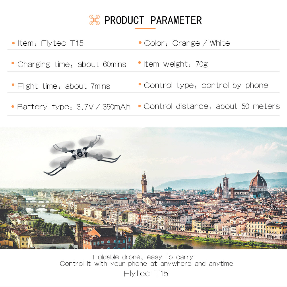 Flytec T15 Foldable 0.3MP WiFi Camera RC Quadcopter 2.4G 4CH 6-axis Gyro Headless High Hold Mode 3D Unlimited Flip Drone RTF Flytec T15 Foldable 0.3MP WiFi Camera RC Quadcopter 2.4G 4CH 6-axis Gyro Headless High Hold Mode 3D Unlimited Flip Drone RTF
