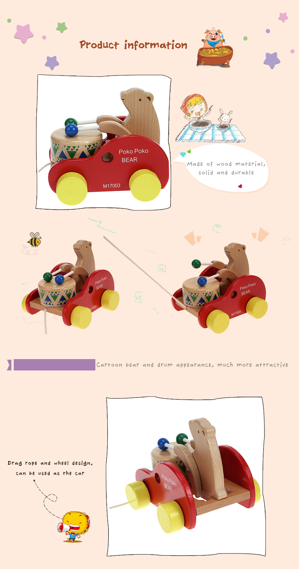 Lovely Wooden Bear Drum Drag Car Educational Toy