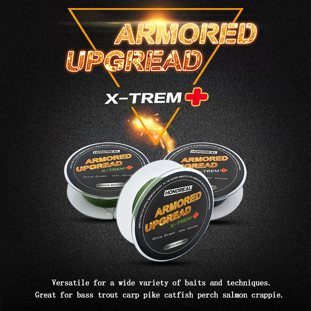HONOREAL 0.232mm 300m Super Strong Abrasion Resistant Long Grey and Green Color 4 Strands PE Braided Fishing Line