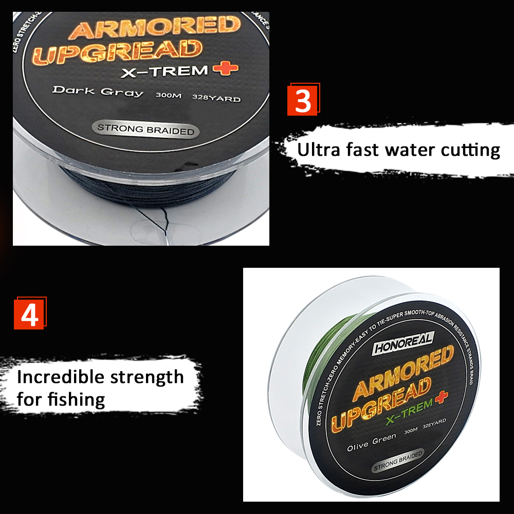 HONOREAL 0.232mm 300m Super Strong Abrasion Resistant Long Grey and Green Color 4 Strands PE Braided Fishing Line