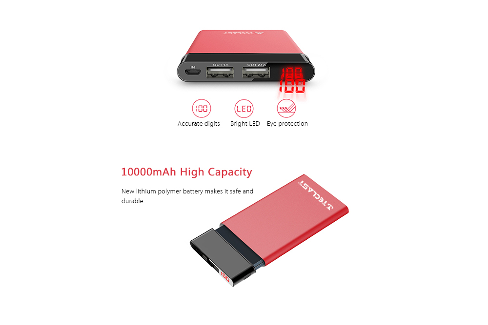 Teclast T100UC - R 10000mAh Dual USB Power Bank Red Metal LED Display Christmas Gift