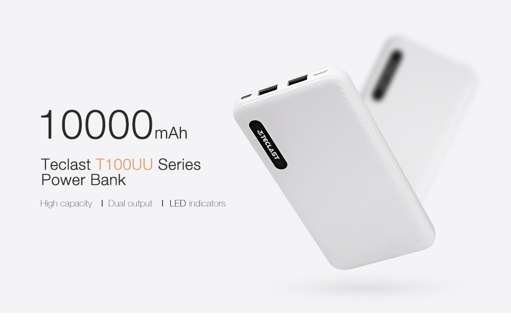 Teclast T100UU Series Power Bank 10000mAh 5V 2.1A Dual Output Micro USB Input Polymer Battery Indicator Lights