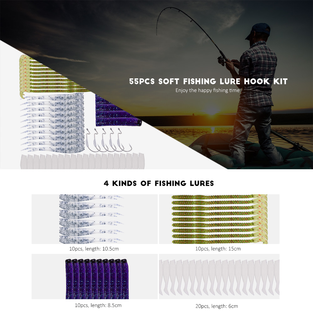 PRO BEROS 55pcs / Set Soft Worm Fishing Lure Bass Bait Fish Hook PRO BEROS 55pcs / Set Soft Worm Fishing Lure Bass Bait Fish Hook