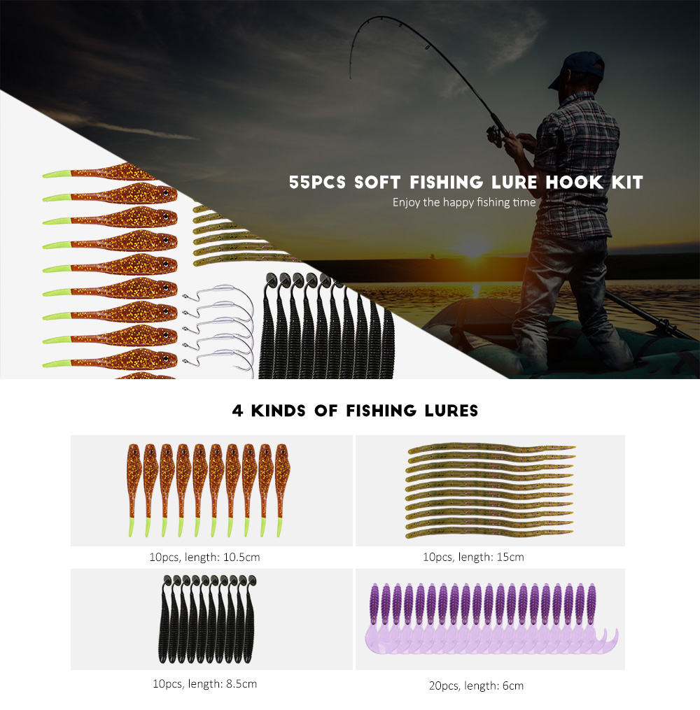 PRO BEROS 55pcs / Set Worm Fishing Lure Bass Bait Fish Hook Tackle PRO BEROS 55pcs / Set Worm Fishing Lure Bass Bait Fish Hook Tackle