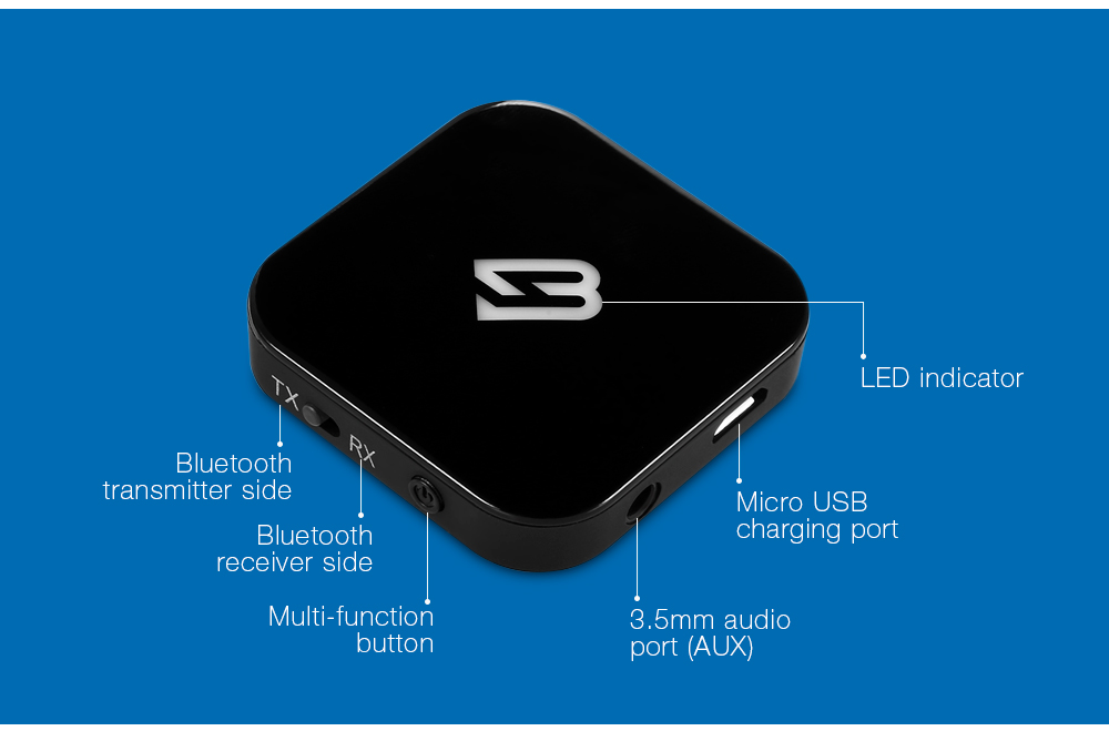 BYZ BTI - 001 Bluetooth V4.1 Transmitter and Receiver 2-in-1 Black Lightweight LED Indicator BYZ BTI - 001 Bluetooth V4.1 Transmitter and Receiver 2-in-1 Black Lightweight LED Indicator