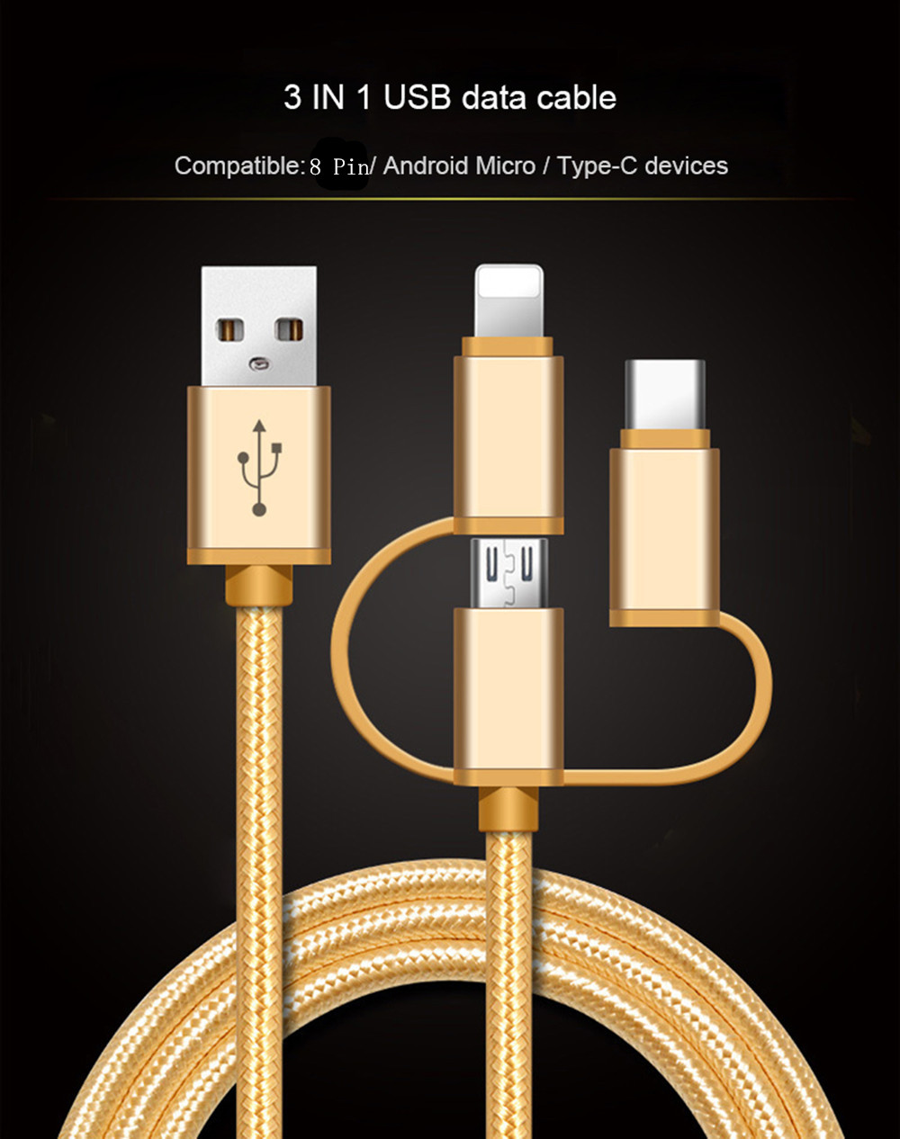 High Speed Nylon Braided Fast Charging 3 in 1 USB Charger Cable for iPhone Android Type C Smartphones
