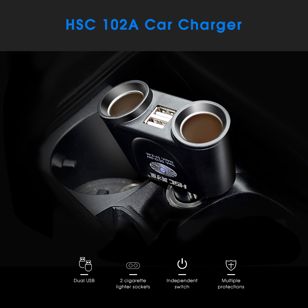 HSC 102A Car Charger Dual USB 2 Cigarette Lighter Sockets Independent Switch HSC 102A Car Charger Dual USB 2 Cigarette Lighter Sockets Independent Switch
