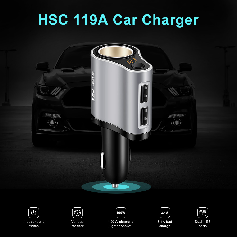 HSC 119A 3 in 1 Car Charger with Cigarette Lighter Socket Dual USB Ports 3.1A High Current HSC 119A 3 in 1 Car Charger with Cigarette Lighter Socket Dual USB Ports 3.1A High Current