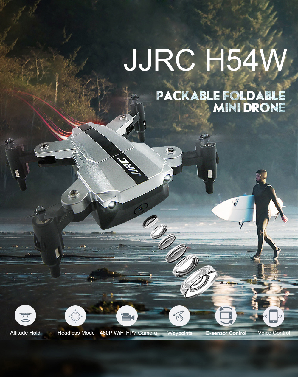 JJRC H54W Foldable Mini RC Drone WiFi FPV Camera / Waypoints / G-sensor / Voice Control / Altitude Hold / Headless Mode JJRC H54W Foldable Mini RC Drone WiFi FPV Camera / Waypoints / G-sensor / Voice Control / Altitude Hold / Headless Mode