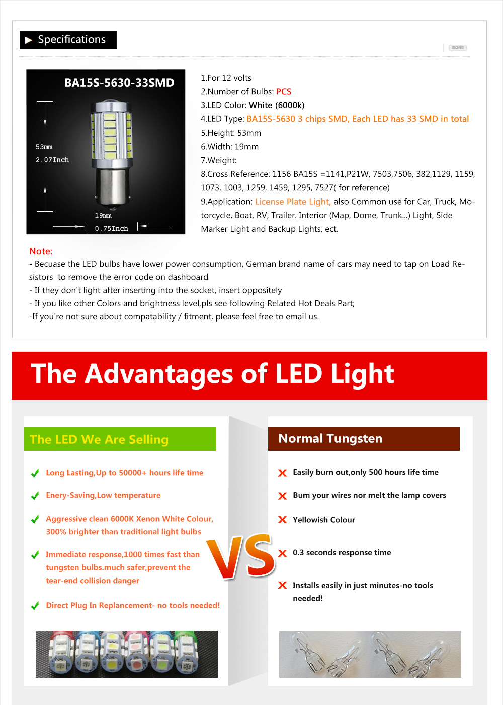 2PCS LED BA15S P21W 1156 DRL Daytime Light Blanco White Bulb 33-SMD 5630 5730 12V
