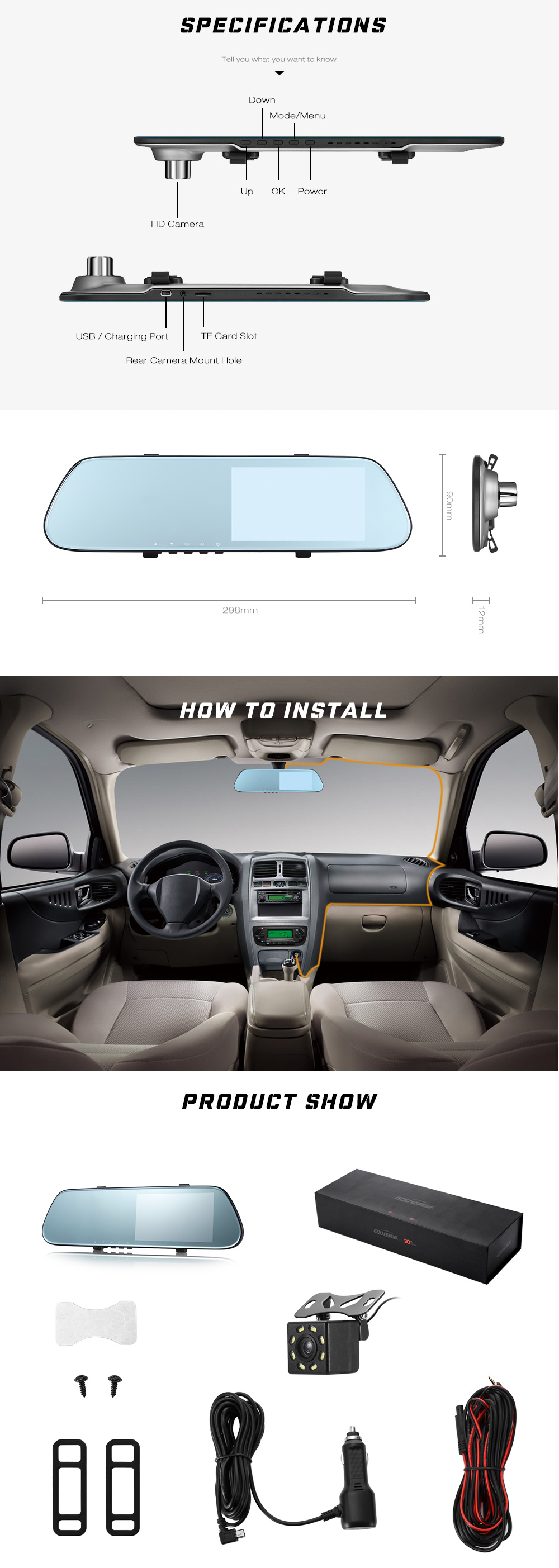 GOU US66 Rear Mirror Dual Camera Dash Cam 170 Degree Wide Angle Lens 1080P Car Driving Recorder GOU US66 Rear Mirror Dual Camera Dash Cam 170 Degree Wide Angle Lens 1080P Car Driving Recorder