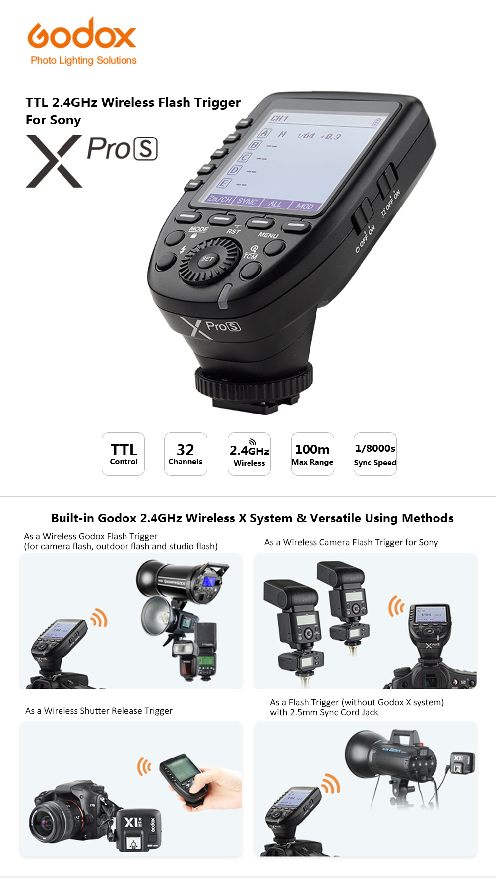 Godox XProS TTL 2.4GHz Wireless Flash Trigger 1/8000s HSS High-speed for Sony Godox XProS TTL 2.4GHz Wireless Flash Trigger 1/8000s HSS High-speed for Sony