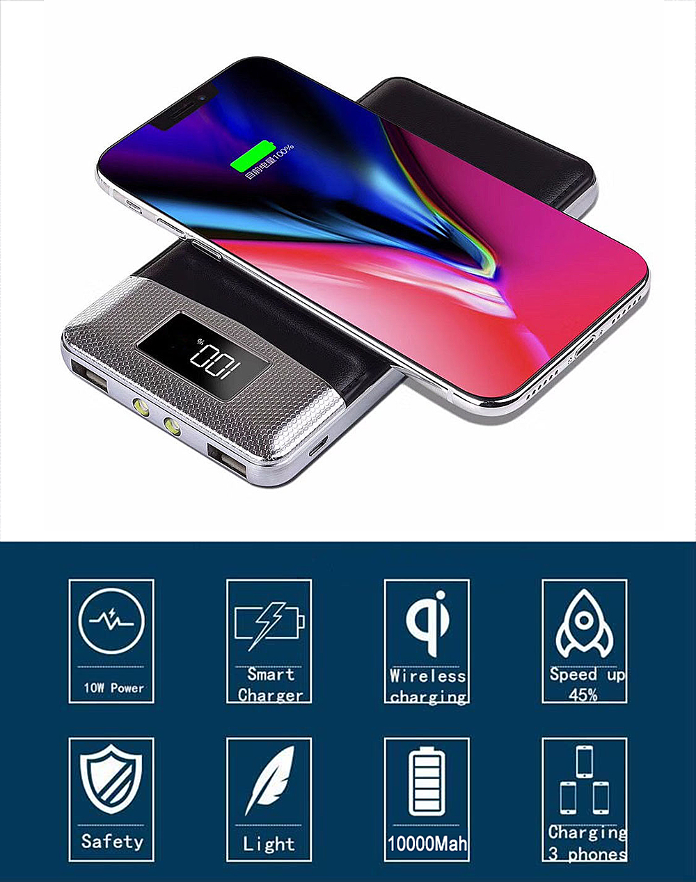 10000mAh Power Bank Qi Wireless Charging 2 USB LCD LED Portable Battery Charger