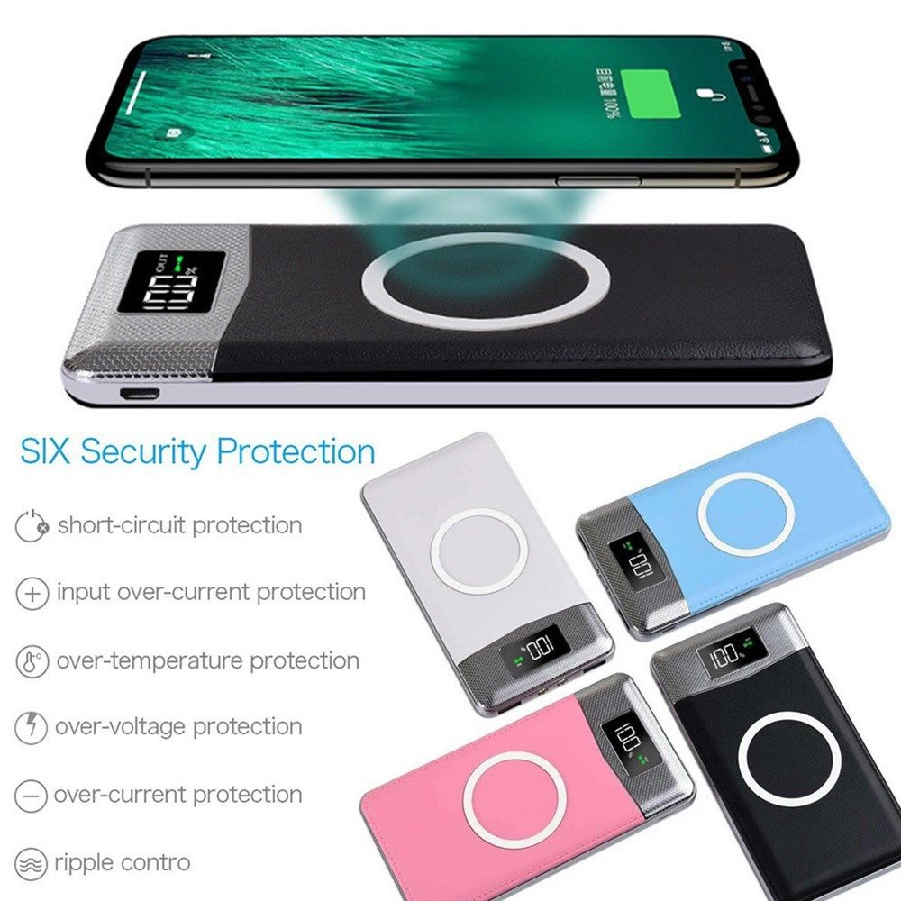 10000mAh Power Bank Qi Wireless Charging 2 USB LCD LED Portable Battery Charger