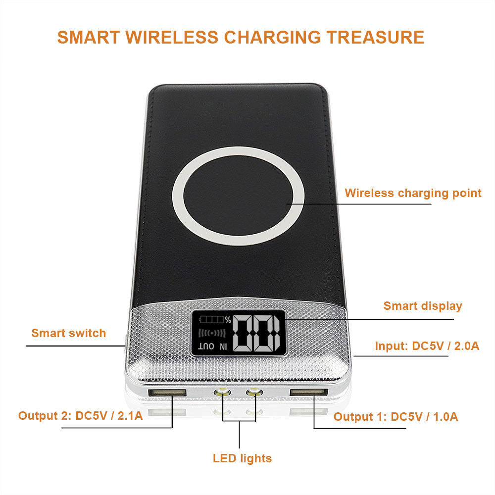 10000mAh Power Bank Qi Wireless Charging 2 USB LCD LED Portable Battery Charger
