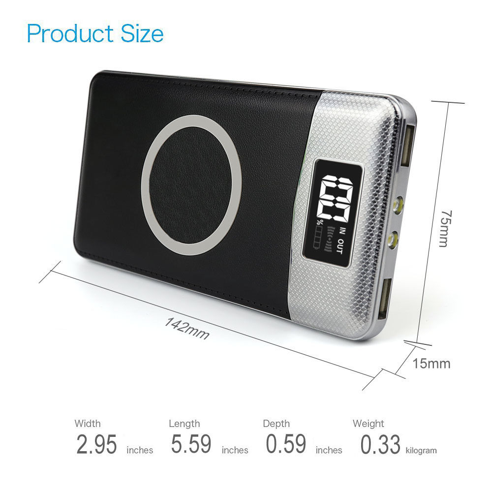 10000mAh Power Bank Qi Wireless Charging 2 USB LCD LED Portable Battery Charger