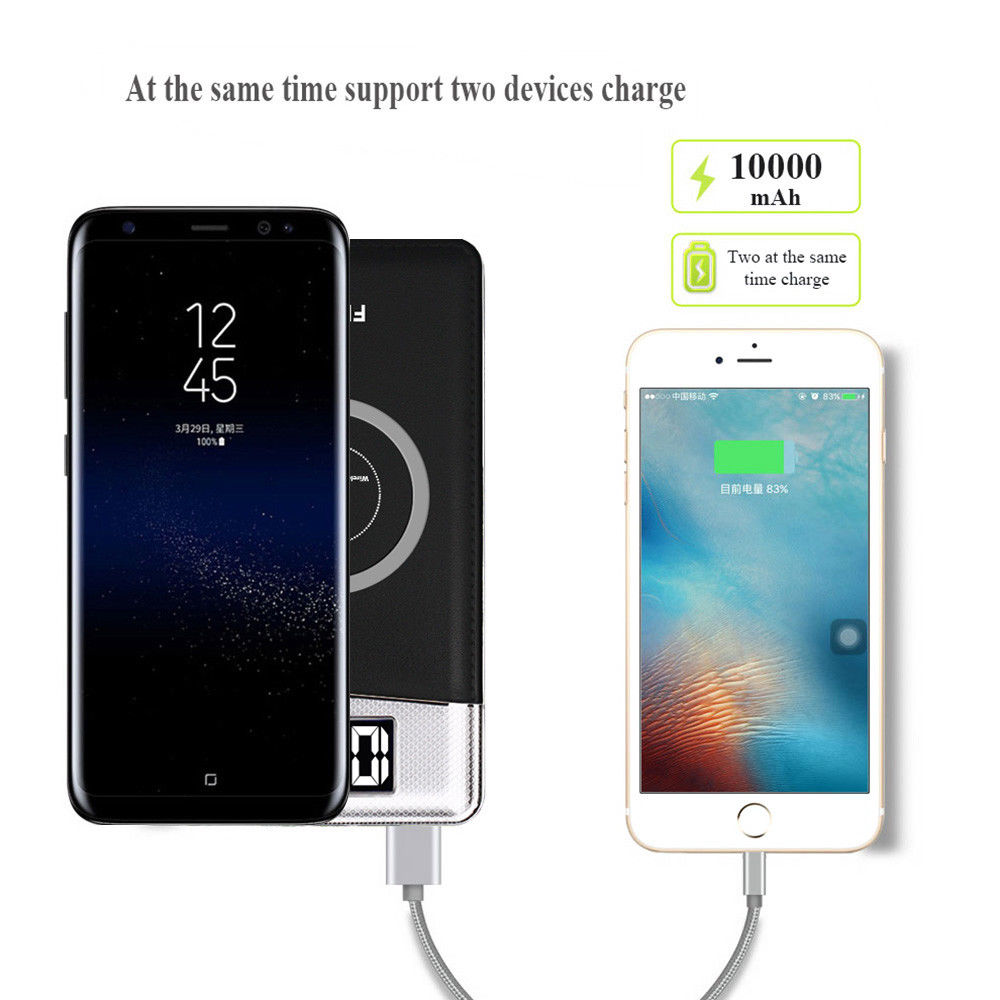 10000mAh Power Bank Qi Wireless Charging 2 USB LCD LED Portable Battery Charger