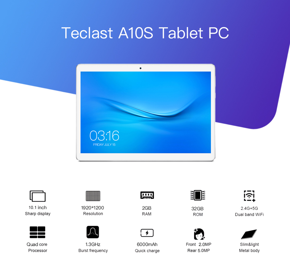 Teclast A10S Tablet PC 10.1 inch Android 7.0 MTK 8163 Quad Core 1.3GHz 2GB RAM 32GB eMMC ROM Dual Cameras Dual WiFi