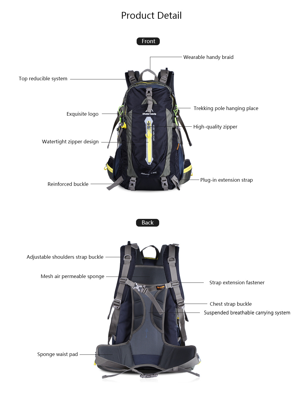 Maleroads 40L Outdoor Sports Backpack Hiking Camping Water Resistant Nylon Bike Rucksack Bag Maleroads 40L Outdoor Sports Backpack Hiking Camping Water Resistant Nylon Bike Rucksack Bag