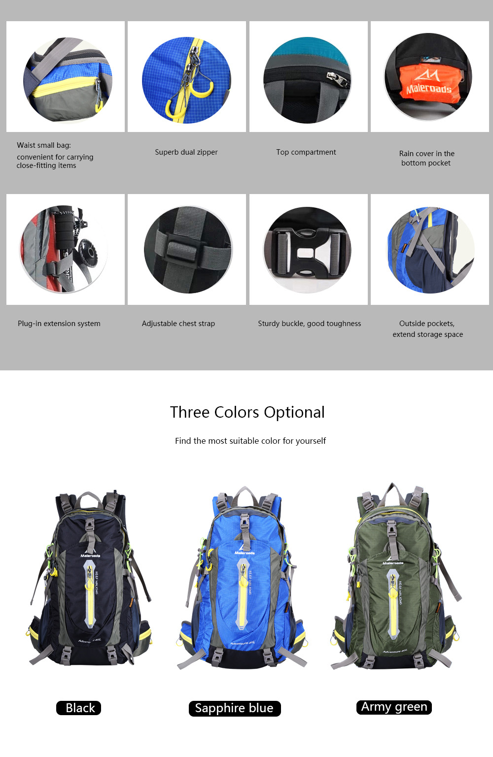 Maleroads 40L Outdoor Sports Backpack Hiking Camping Water Resistant Nylon Bike Rucksack Bag Maleroads 40L Outdoor Sports Backpack Hiking Camping Water Resistant Nylon Bike Rucksack Bag