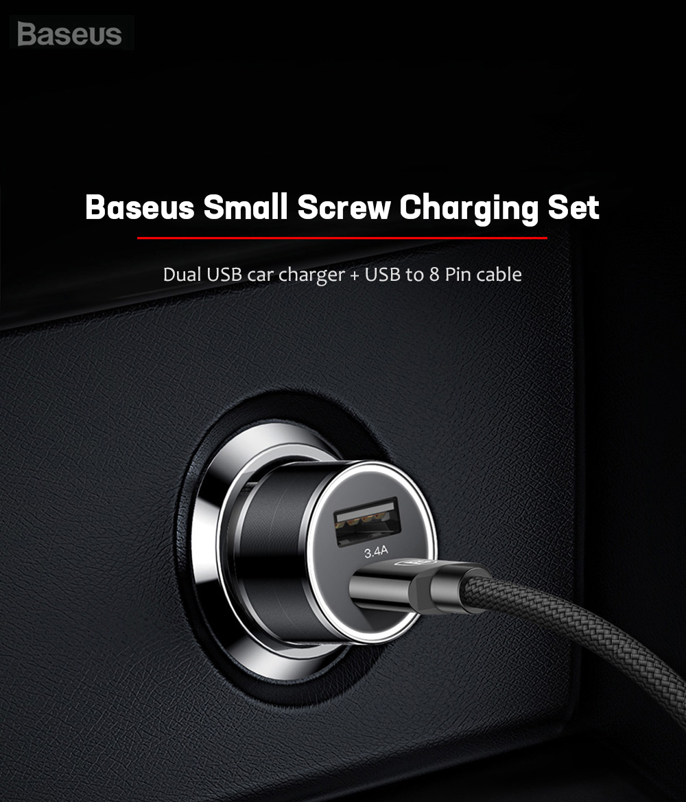 Baseus Small Screw Charging Set Dual USB Car Charger + USB to 8 Pin Cable Black 1M Baseus Small Screw Charging Set Dual USB Car Charger + USB to 8 Pin Cable Black 1M