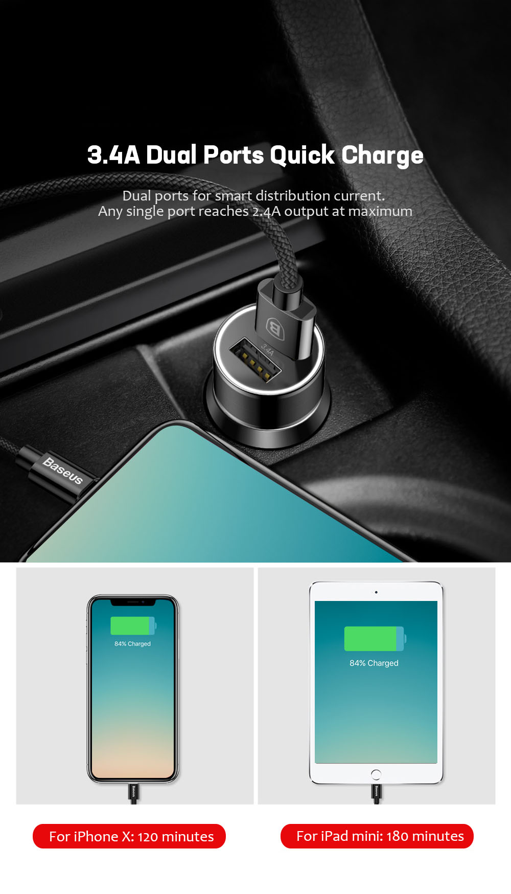 Baseus Small Screw Charging Set Dual USB Car Charger + USB to 8 Pin Cable Black 1M Baseus Small Screw Charging Set Dual USB Car Charger + USB to 8 Pin Cable Black 1M