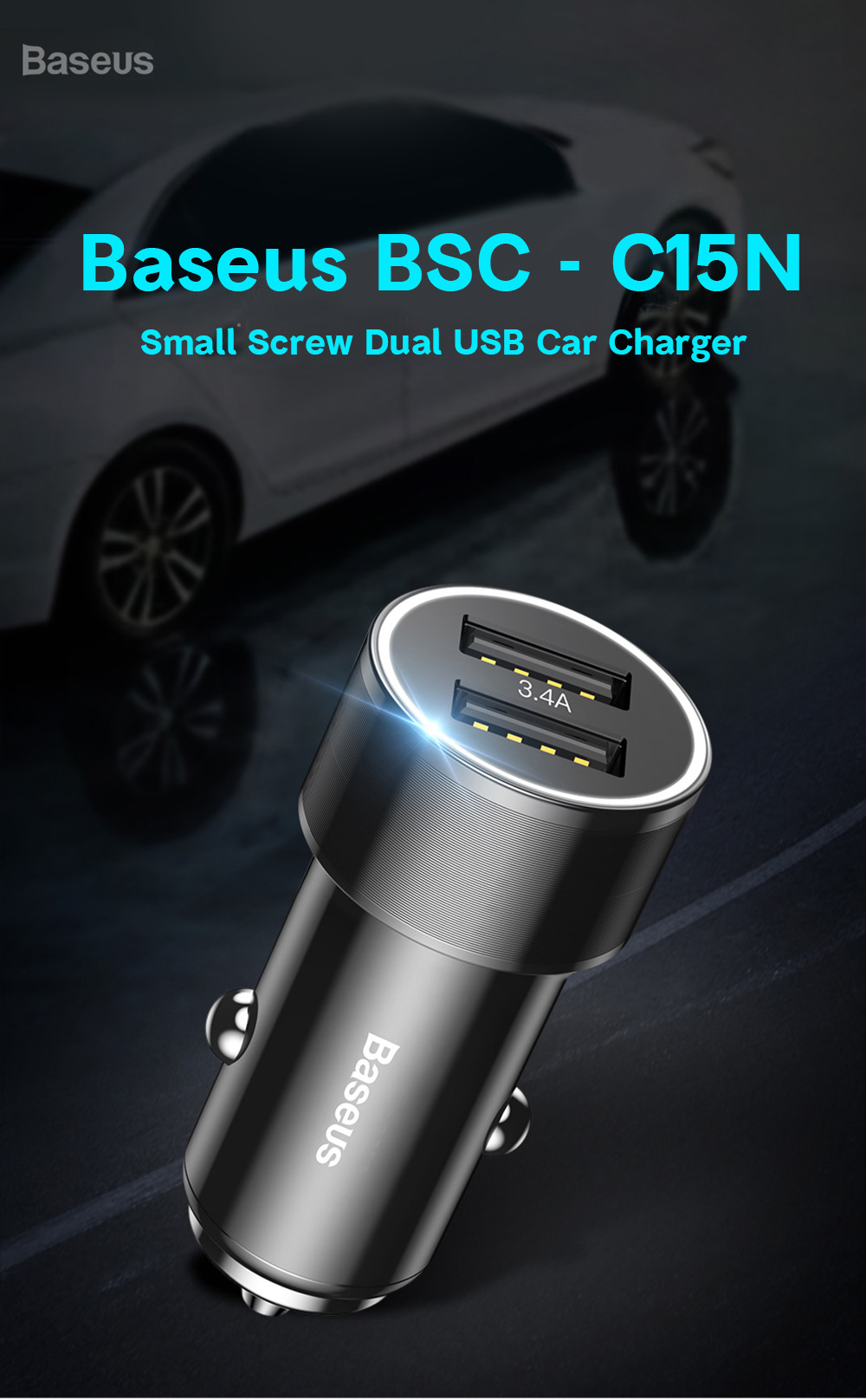 Baseus BSC - C15N Small Screw 3.4A Dual USB Car Charger Aluminium Alloy Baseus BSC - C15N Small Screw 3.4A Dual USB Car Charger Aluminium Alloy