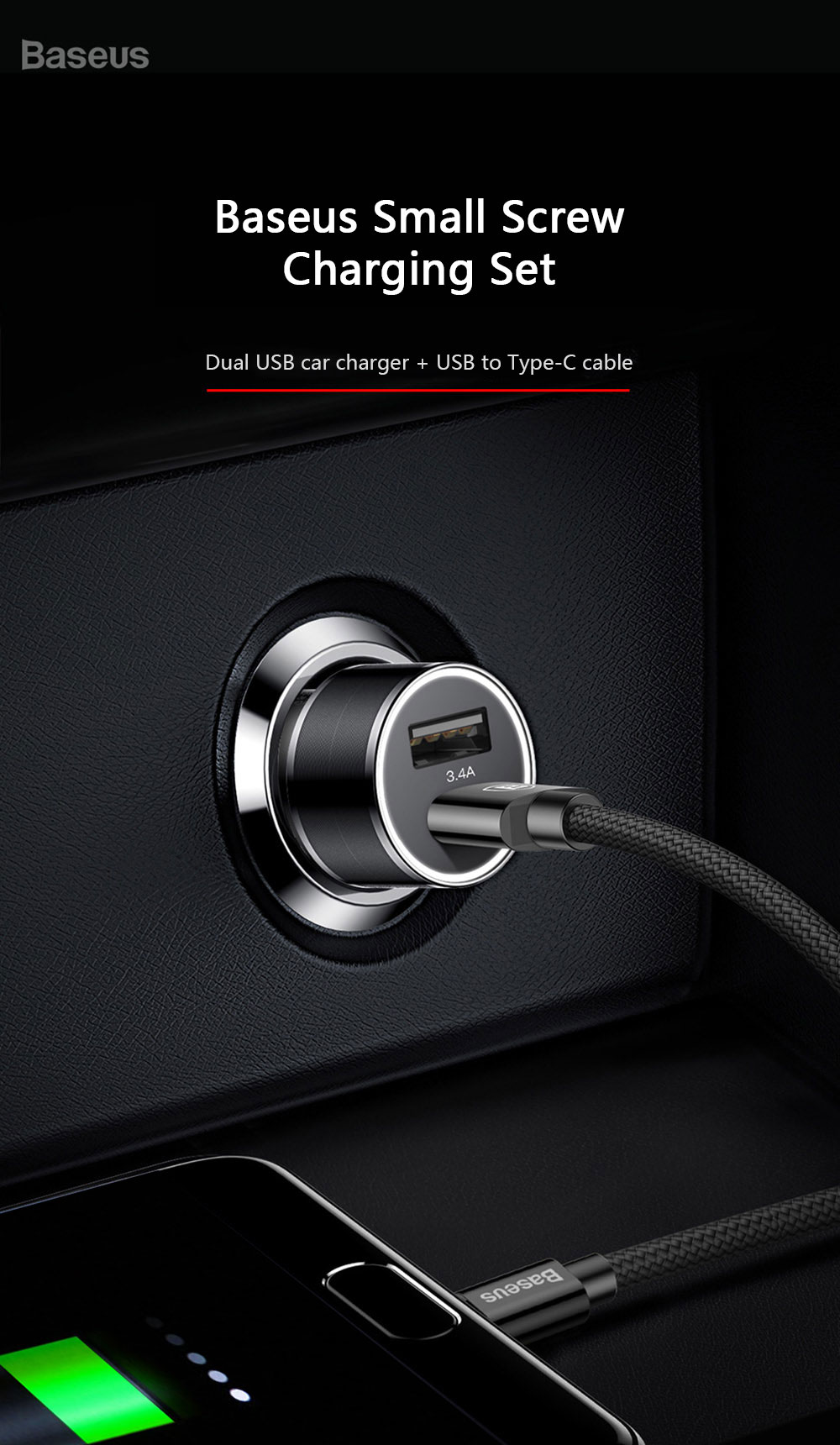 Baseus Small Screw Charging Set Dual USB Car Charger   USB to Type-C Cable Black 1M