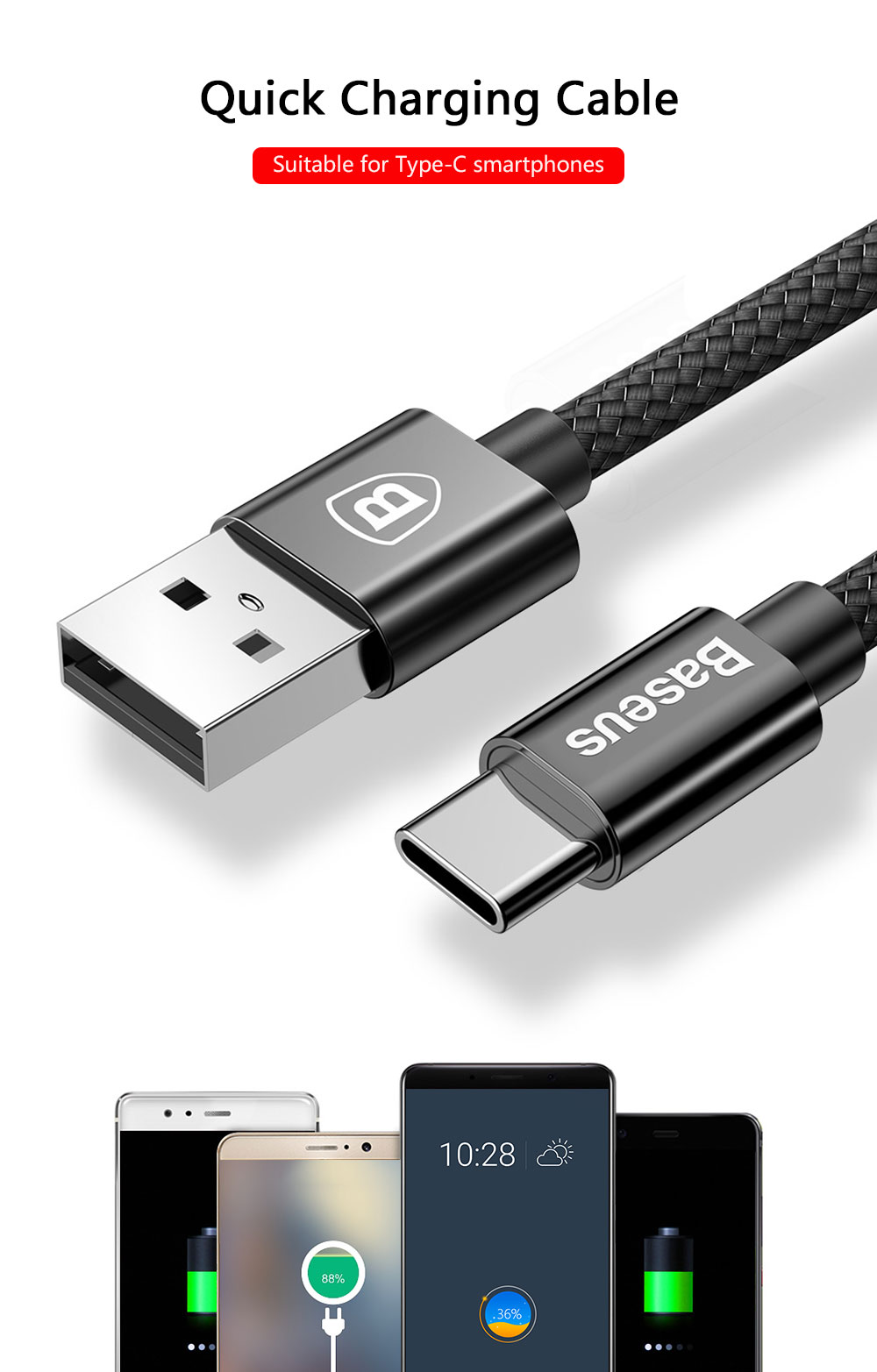 Baseus Small Screw Charging Set Dual USB Car Charger   USB to Type-C Cable Black 1M