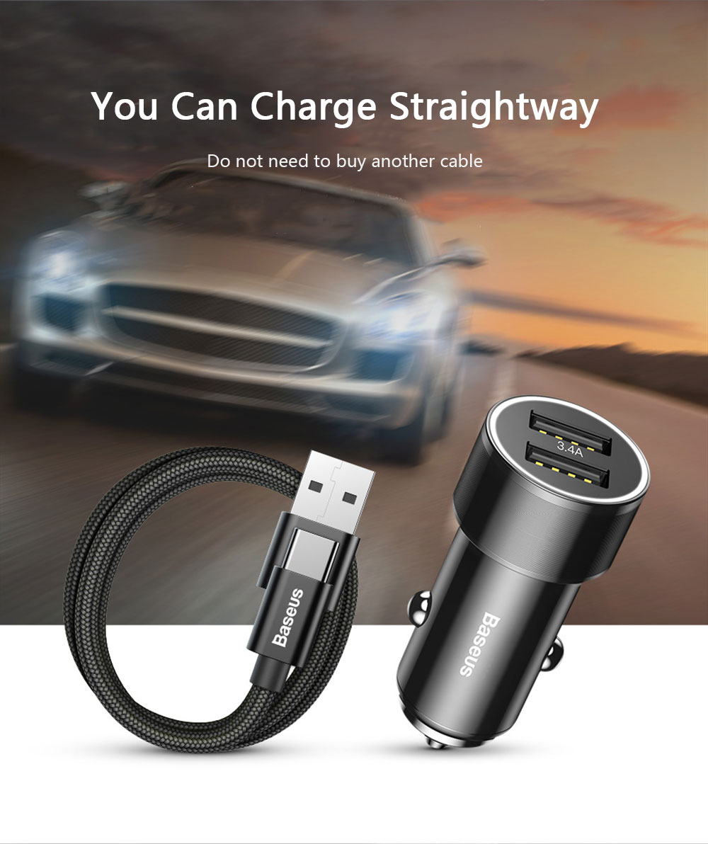Baseus Small Screw Charging Set Dual USB Car Charger   USB to Type-C Cable Black 1M
