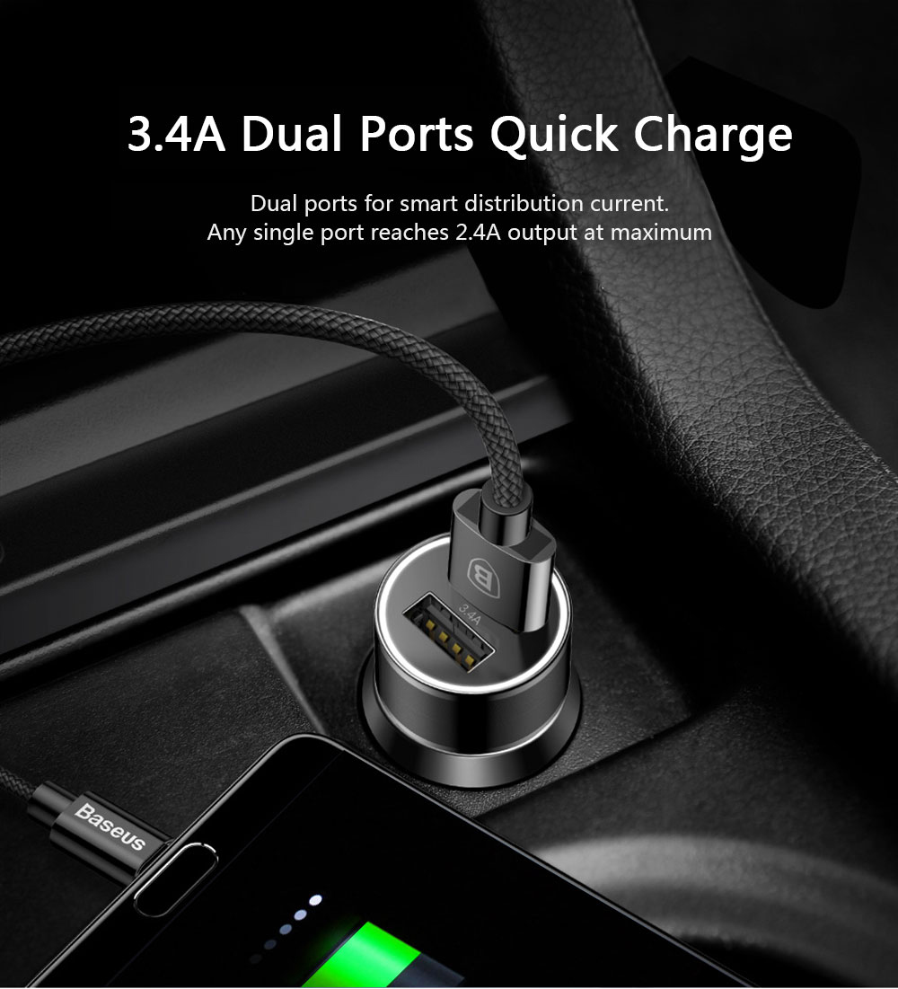 Baseus Small Screw Charging Set Dual USB Car Charger   USB to Type-C Cable Black 1M