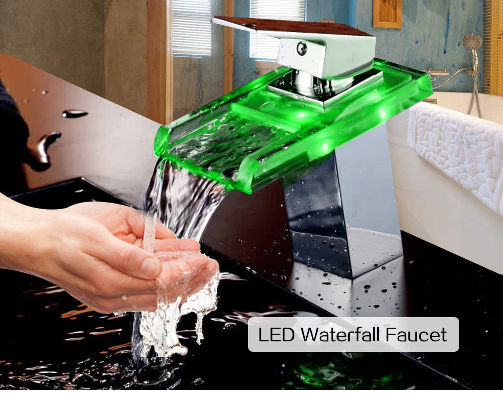 LED Bathroom Waterfall Faucet Glass Spout Sink Mixer Tap LED Bathroom Waterfall Faucet Glass Spout Sink Mixer Tap