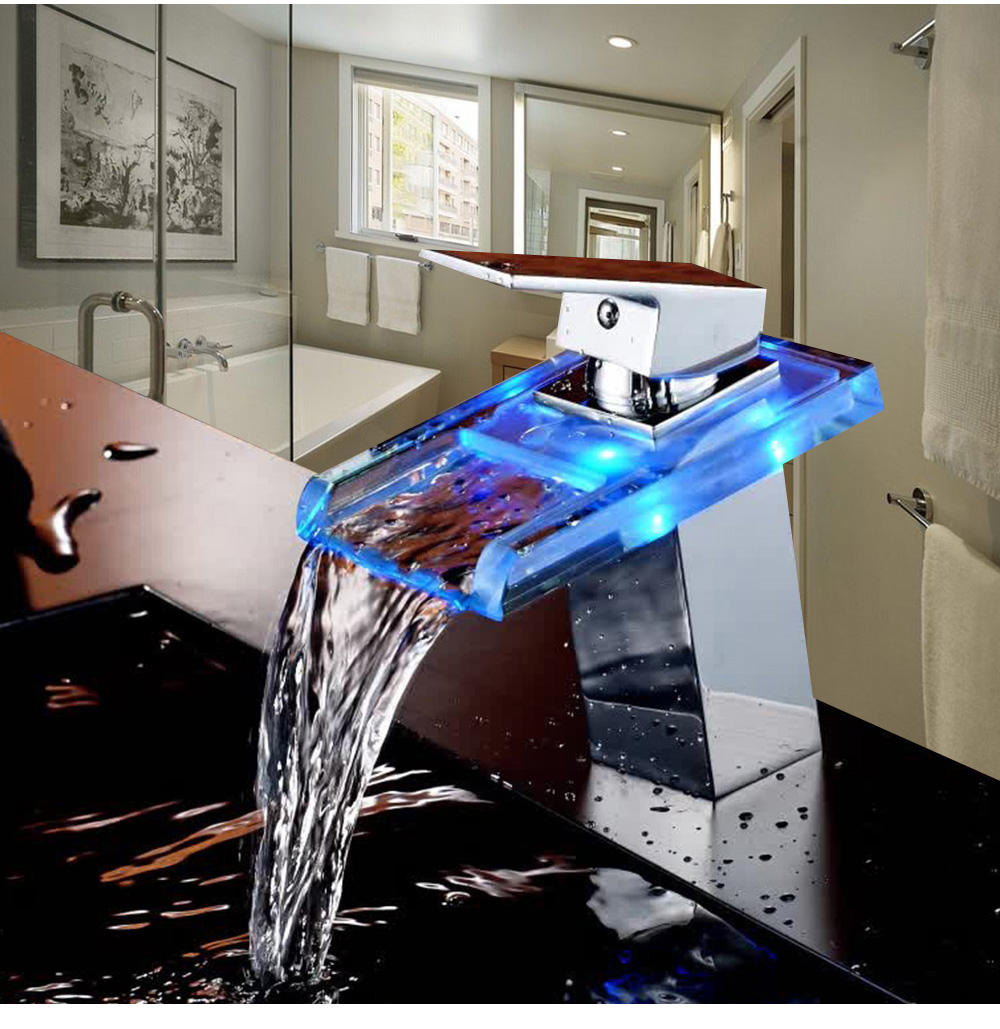 LED Bathroom Waterfall Faucet Glass Spout Sink Mixer Tap LED Bathroom Waterfall Faucet Glass Spout Sink Mixer Tap
