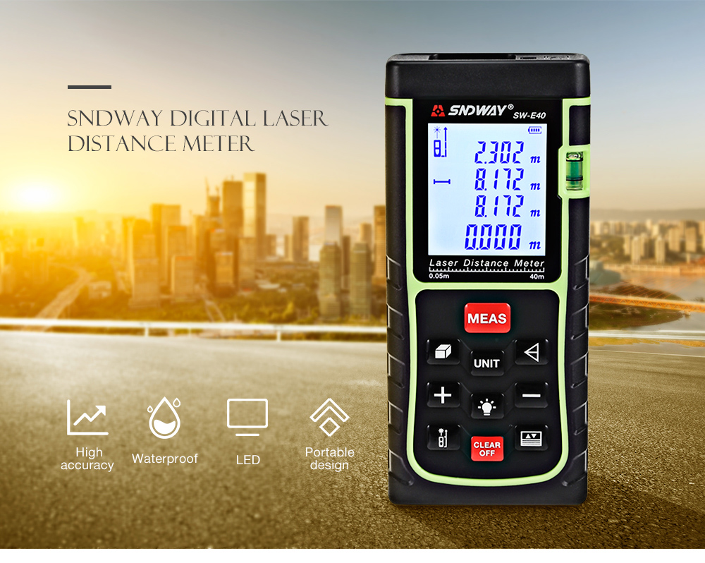 SNDWAY SW - E100 100M Digital Laser Distance Meter with Lanyard Hole LED Screen SNDWAY SW - E100 100M Digital Laser Distance Meter with Lanyard Hole LED Screen