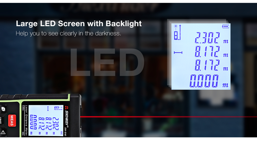 SNDWAY SW - E100 100M Digital Laser Distance Meter with Lanyard Hole LED Screen SNDWAY SW - E100 100M Digital Laser Distance Meter with Lanyard Hole LED Screen