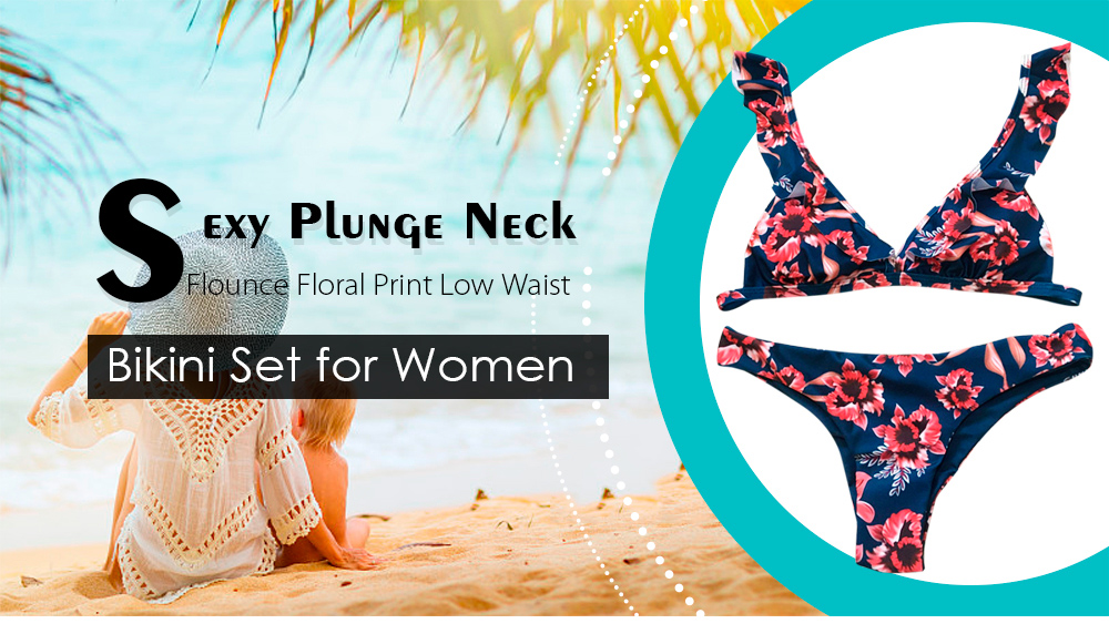 Plunge Neck Flounce Backless Padded Floral Print Low Waist Women Bikini Set Plunge Neck Flounce Backless Padded Floral Print Low Waist Women Bikini Set