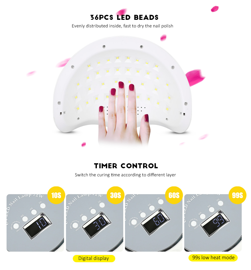 BQ - 72W 36 LEDs UV LED Manicure Tool Curing Nail Gel Dryer Lamp for Home Salon 