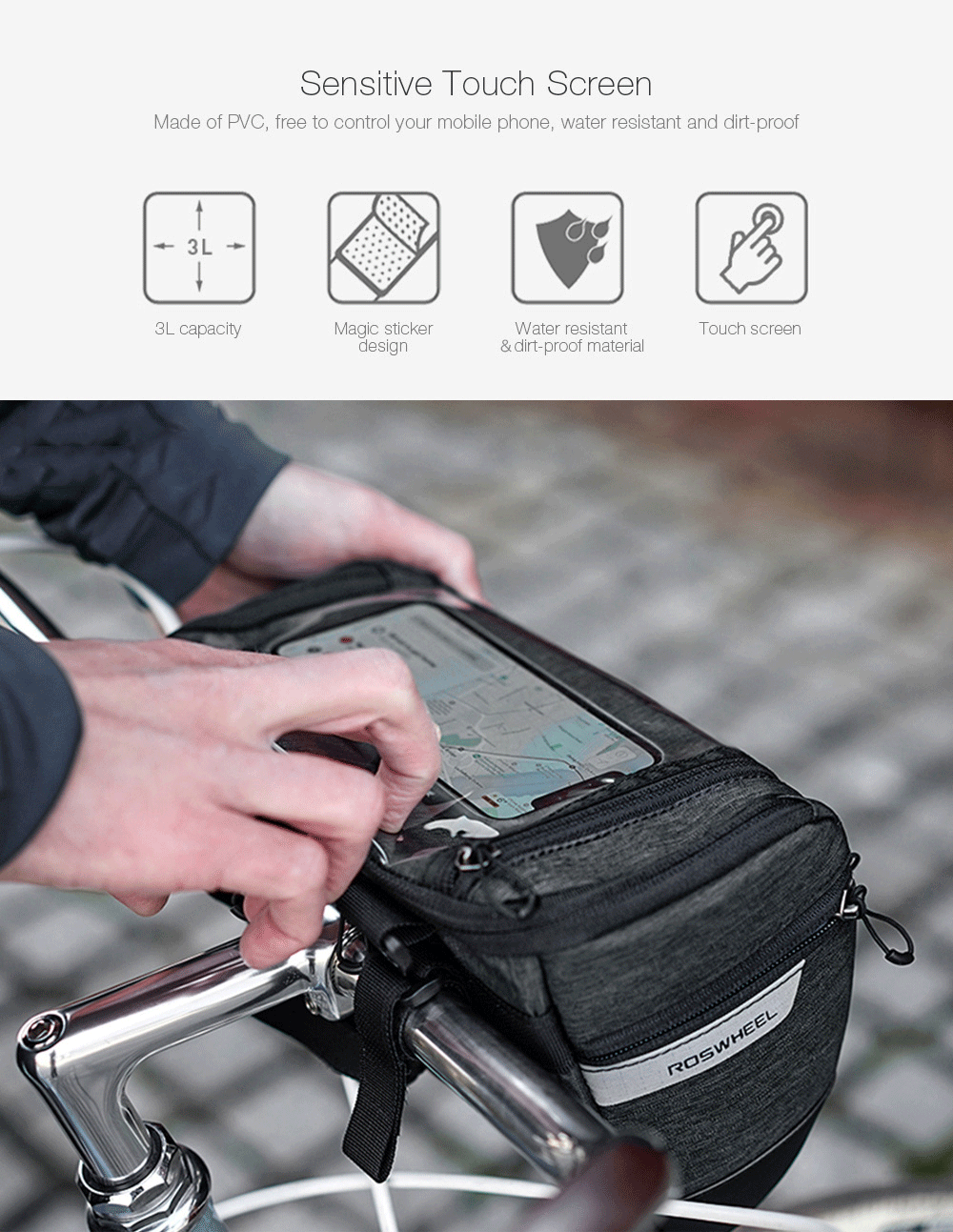 ROSWHEEL 111459 3L Capacity Bike Front Handlebar Bag Bicycle Basket ROSWHEEL 111459 3L Capacity Bike Front Handlebar Bag Bicycle Basket