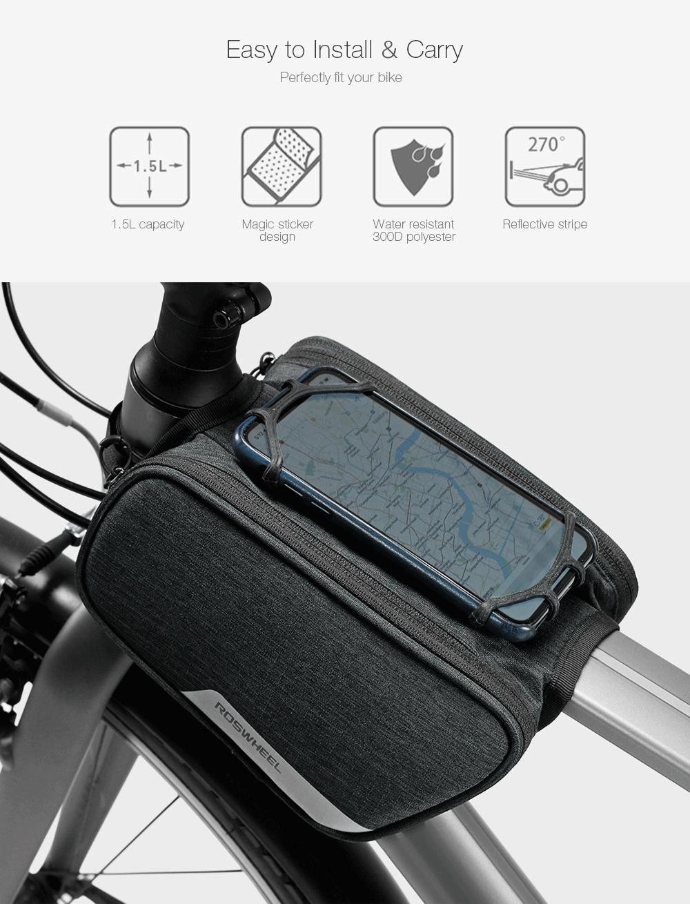 ROSWHEEL 121461 Bicycle Top Tube Pannier Bike Frame Bag with Phone Mount Holder ROSWHEEL 121461 Bicycle Top Tube Pannier Bike Frame Bag with Phone Mount Holder