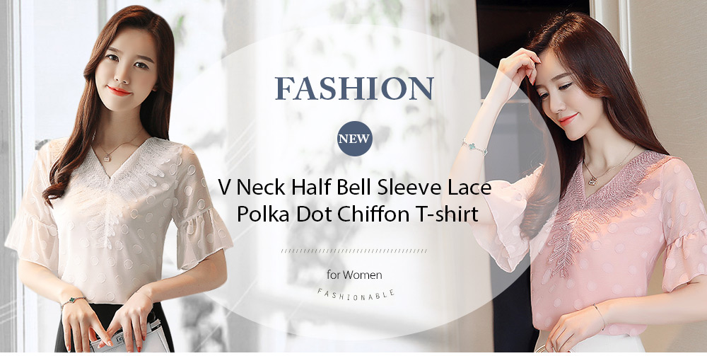 V Neck Half Bell Sleeve Lace Polka Dot Chiffon Women T-shirt