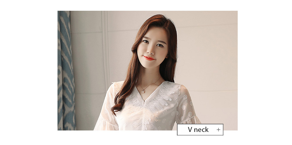 V Neck Half Bell Sleeve Lace Polka Dot Chiffon Women T-shirt