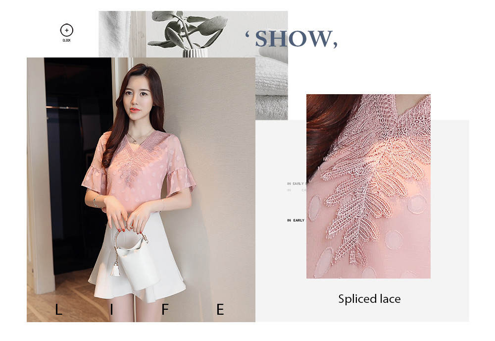 V Neck Half Bell Sleeve Lace Polka Dot Chiffon Women T-shirt