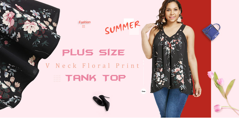 Plus Size Eyelet Insert Floral Print Tank Top 
