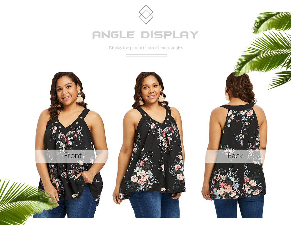 Plus Size Eyelet Insert Floral Print Tank Top 