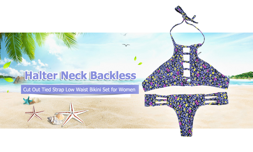 Halter Neck Backless Cut Out Print Tied Low Waist Women Bikini Set Halter Neck Backless Cut Out Print Tied Low Waist Women Bikini Set