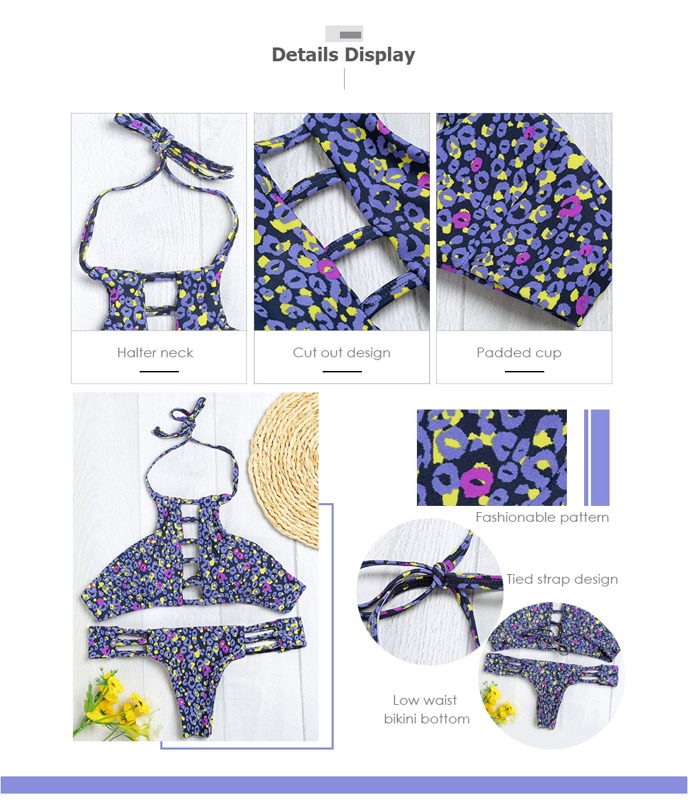 Halter Neck Backless Cut Out Print Tied Low Waist Women Bikini Set Halter Neck Backless Cut Out Print Tied Low Waist Women Bikini Set