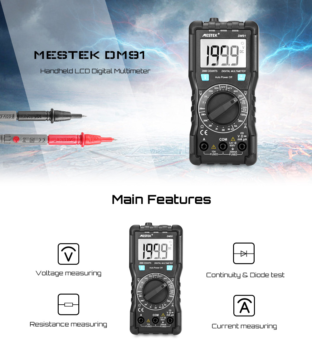 MESTEK DM91 Handheld LCD Digital Multimeter 1999 Counts Manual Ranging Tool MESTEK DM91 Handheld LCD Digital Multimeter 1999 Counts Manual Ranging Tool