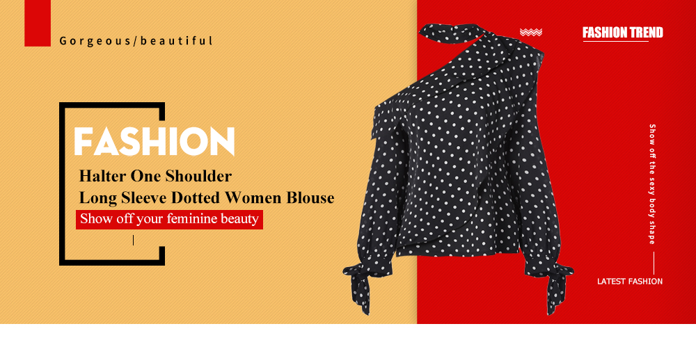 Halter Asymmetrical Shoulder Long Sleeve Tied Bowknot Dotted Women Blouse Halter Asymmetrical Shoulder Long Sleeve Tied Bowknot Dotted Women Blouse